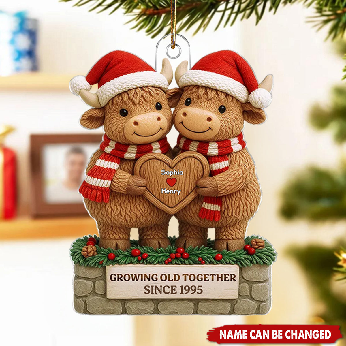 Christmas Highland Cows Couple Growing Old Together - Personalized Acrylic Ornament - Gift For Couple