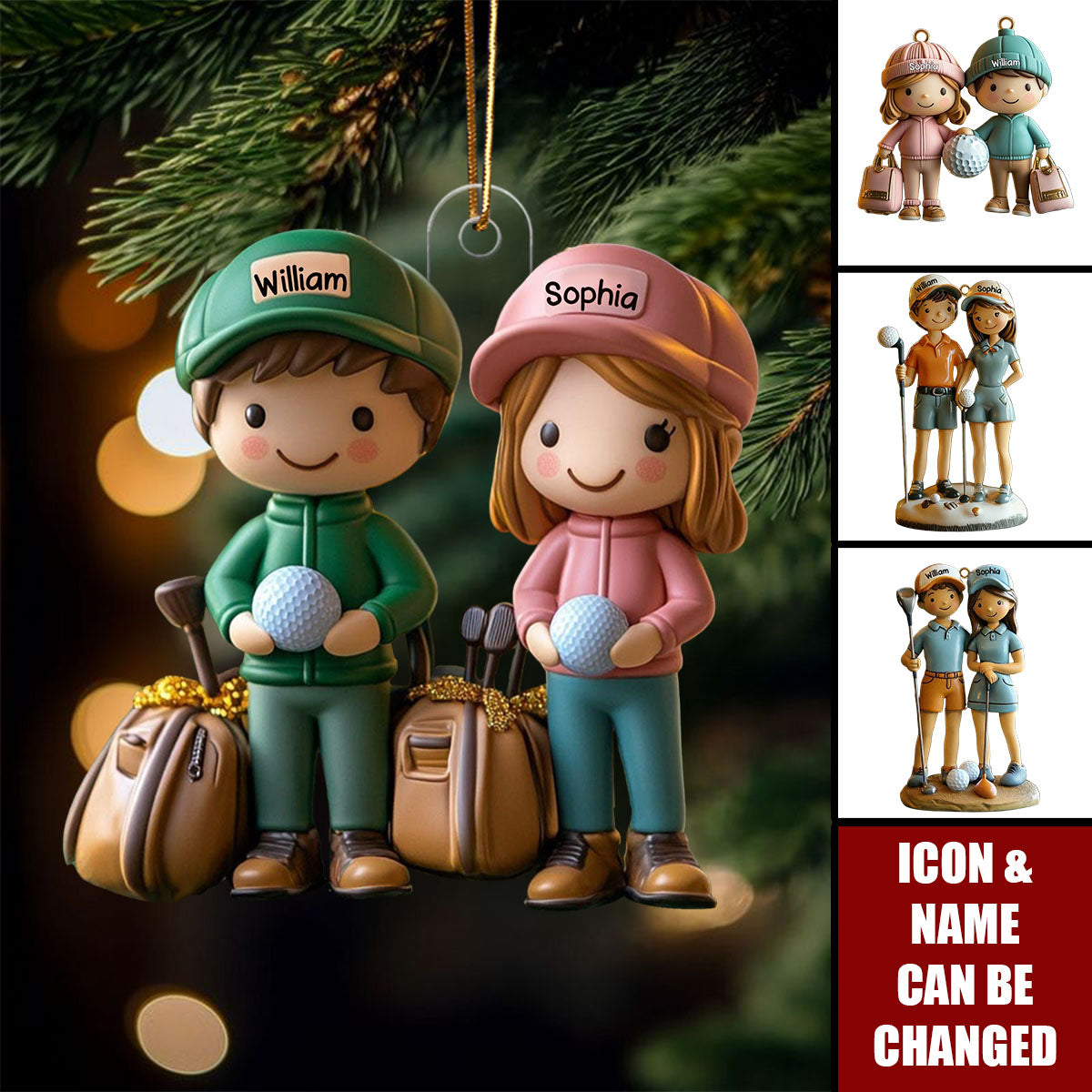 Golf Couple Christmas Ornament, Personalized Golfer Tree Decoration For Him And Her