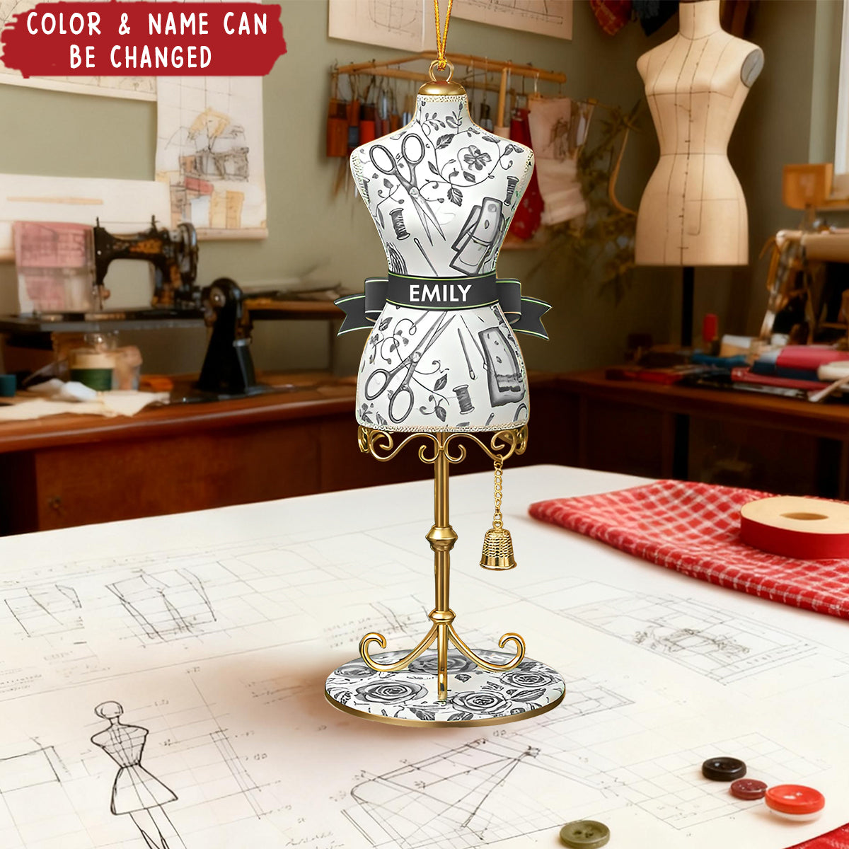Toile De Jouy Ornaments, Personalized Dress Form Ornament, Christmas Gift for Seamstress, Tailor, Fashion Designer