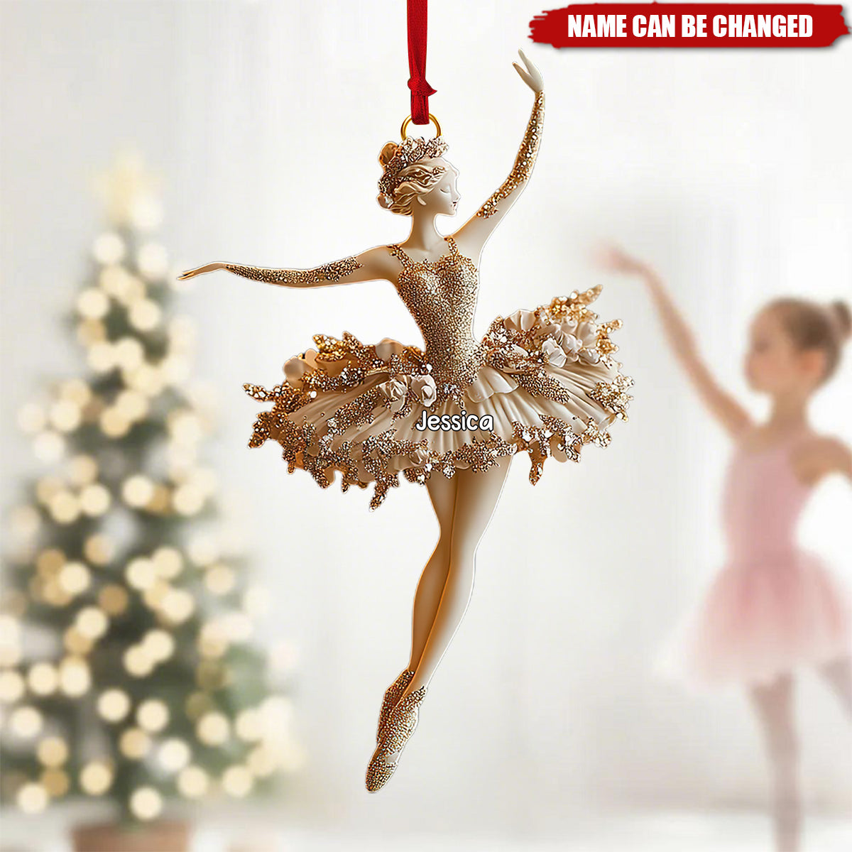 Personalized Elegant Ballerina Ornament With Gold Glitter Tutu, Ballet Christmas Tree Decoration, Nutcracker Dancer Gift