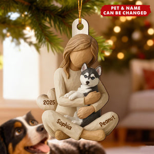 Girl & Her Dog - Personalized Wooden Ornament - Gift For Dog Lover