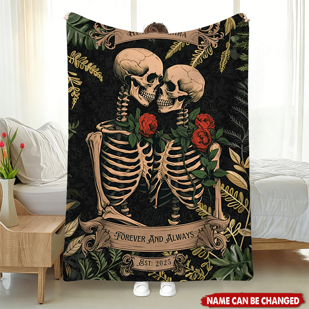 Skeleton Lovers Personalized Blanket - Gothic Wedding Custom Blanket Woven Tapestry Spooky Wedding Anniversary Gift For Goths