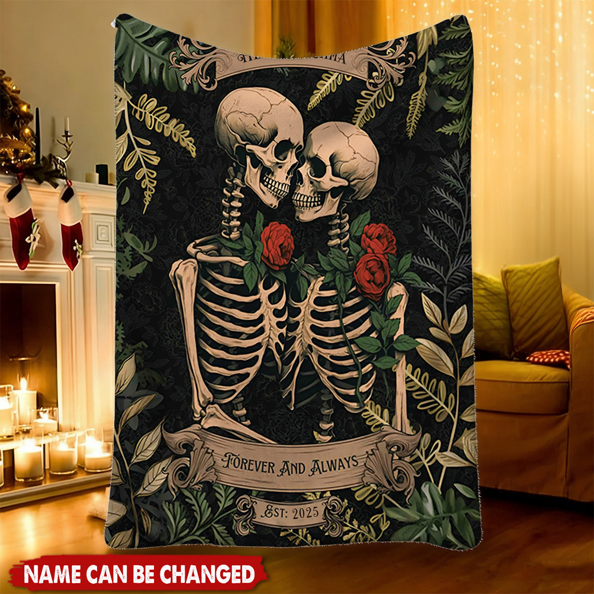 Skeleton Lovers Personalized Blanket - Gothic Wedding Custom Blanket Woven Tapestry Spooky Wedding Anniversary Gift For Goths