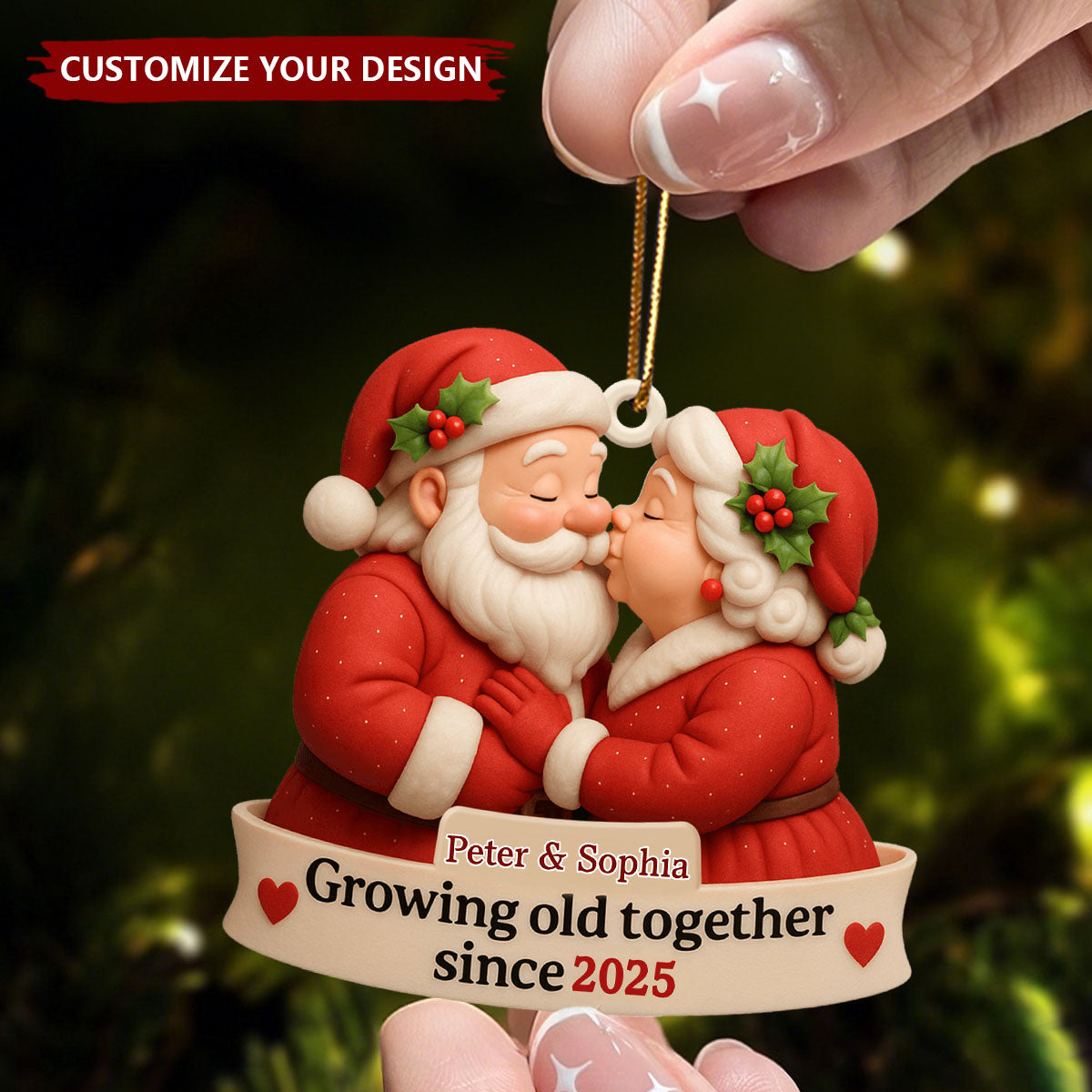 Growing Old Together With Santa and Mrs. Claus Custom Wood Ornament,Gift For Couples and Family