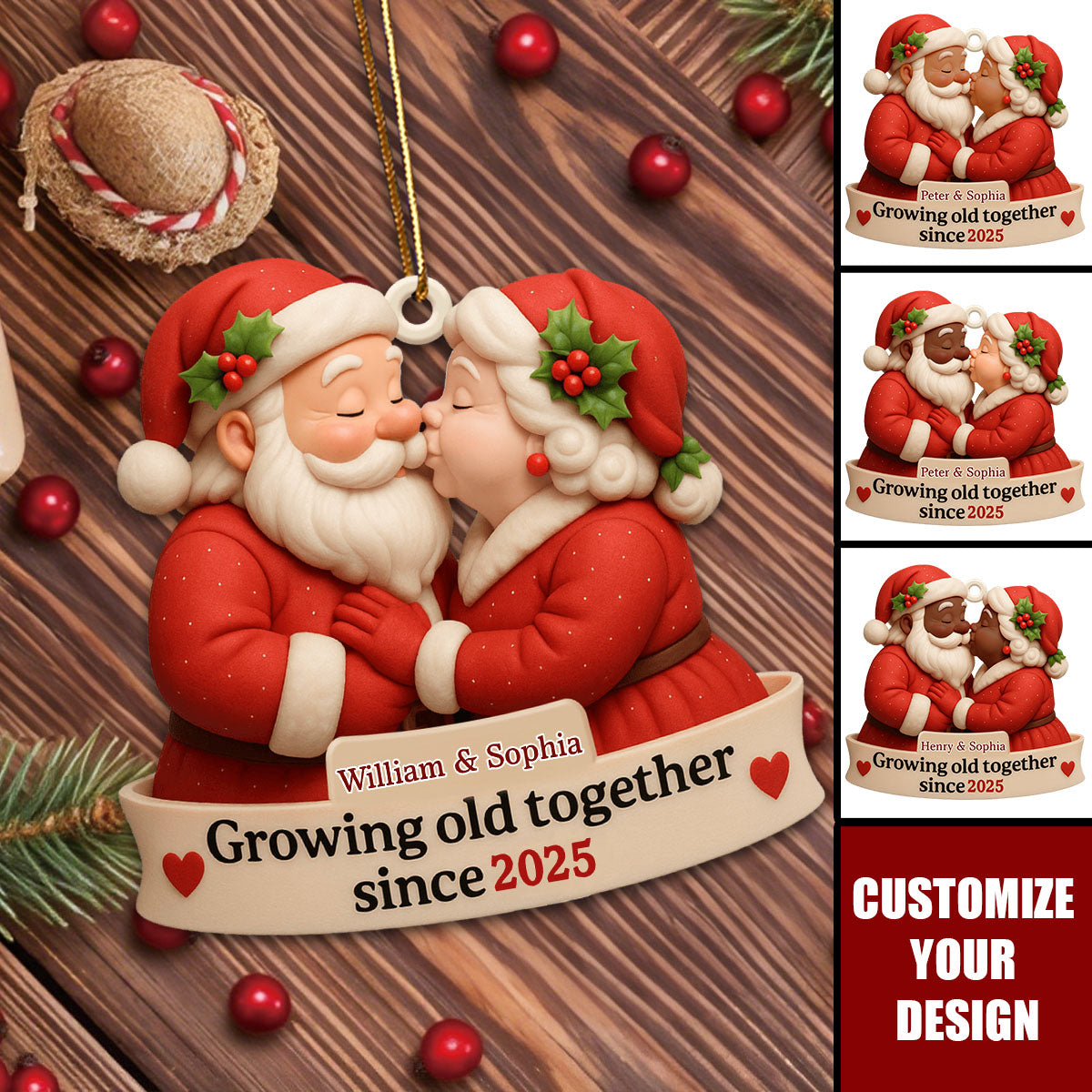 Growing Old Together With Santa and Mrs. Claus Custom Wood Ornament,Gift For Couples and Family