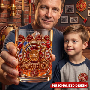 Firefighter Daddy's Crew - Personalized Whiskey Glass, Father's Day Gift For Dad