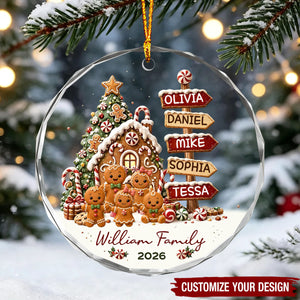 Personalized 2026 Family Glass Christmas Ornament - Custom Name Gingerbread Sign Post