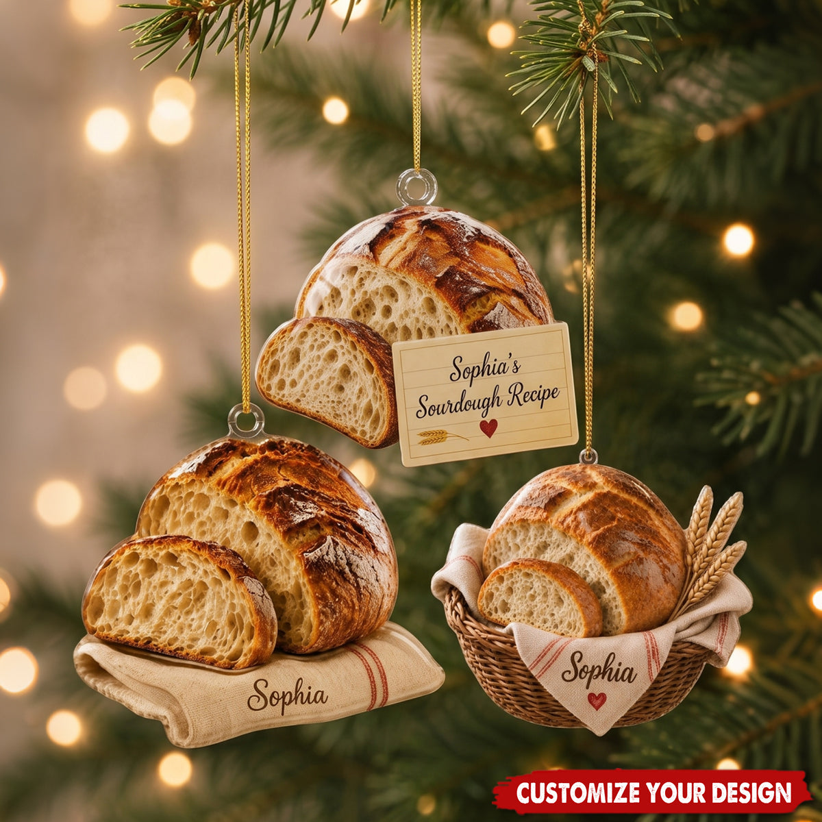 Personalized Sourdough Bread Acrylic Ornament, Custom Baker Kitchen Holiday Tree Gift