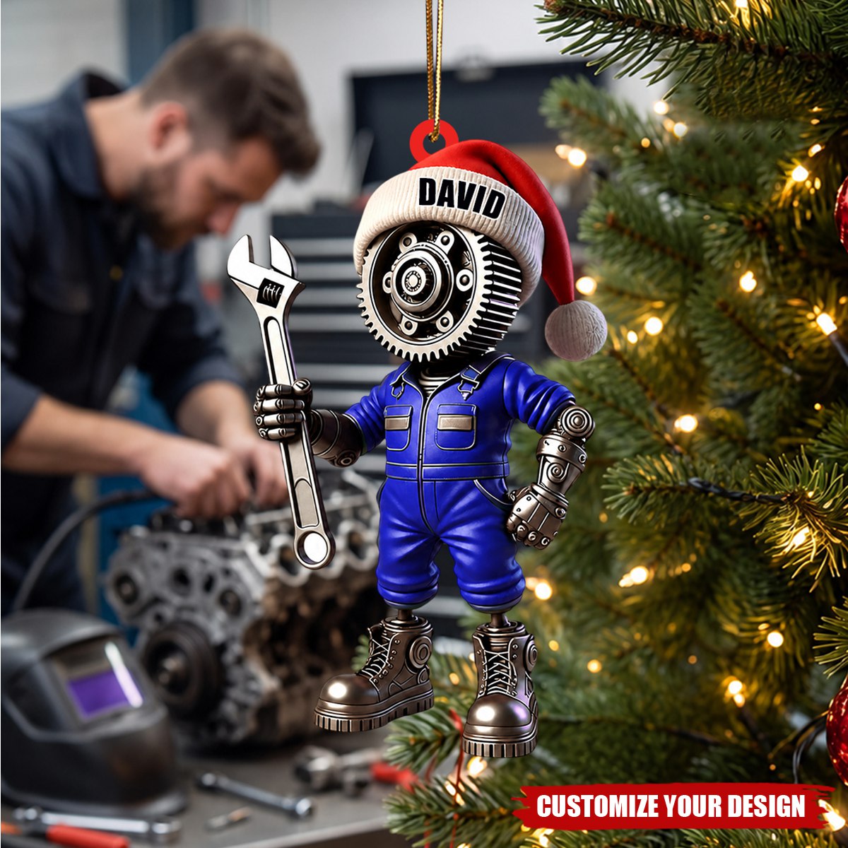 Personalized Mechanic Santa Hat Acrylic Ornament, Gift for Repair Enthusiasts