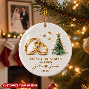 Personalized First Christmas Married Ceramic Ornament, Custom Couple Names & Year Keepsake Gift For Newlyweds