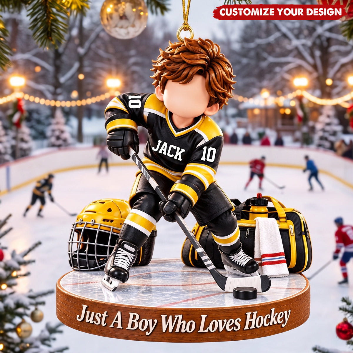 Personalized Ice Hockey Boy Girl Christmas Ornament, Custom Name & Number Hockey Player Gift
