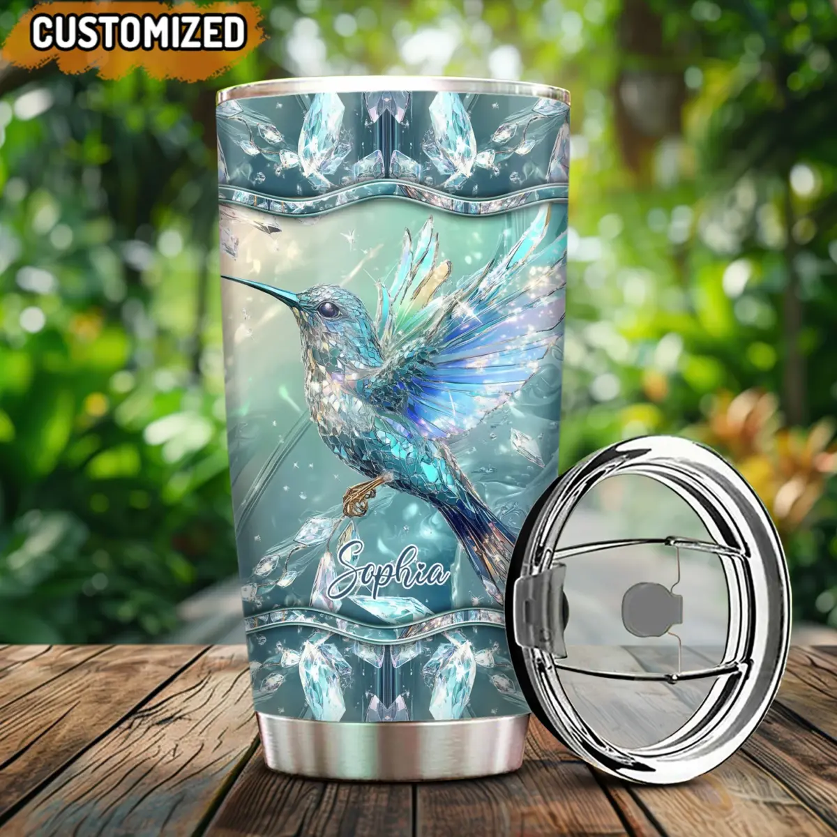 Crystal Radiance Iridescent Hummingbird Glass Art Personalized Name Tumbler
