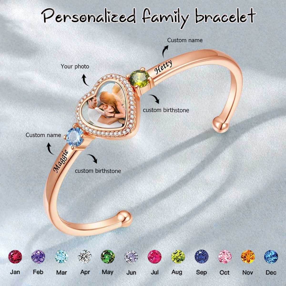 Custom Birthstone Bracelet With Name Photo Engraved Gift