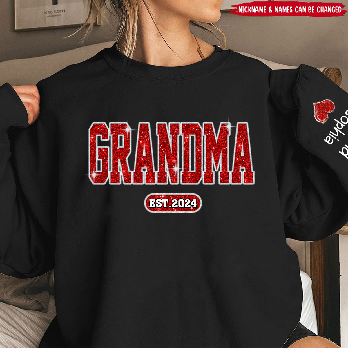 Red Glitter Mimi Mom Est Year Custom Kid Name On Sleeve Personalized Sweatshirt
