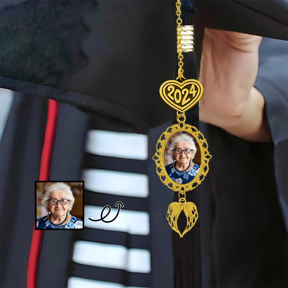 Graduation 2024 - Personalized Custom Graduation Tassel Photo Charm with Angel Wings - Sympathy Gift