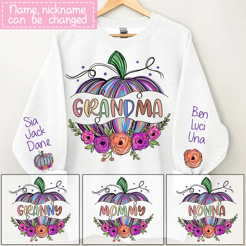 Grandma Pumpkin Flowers Personalized Sweatshirt Fall Gift For Granny