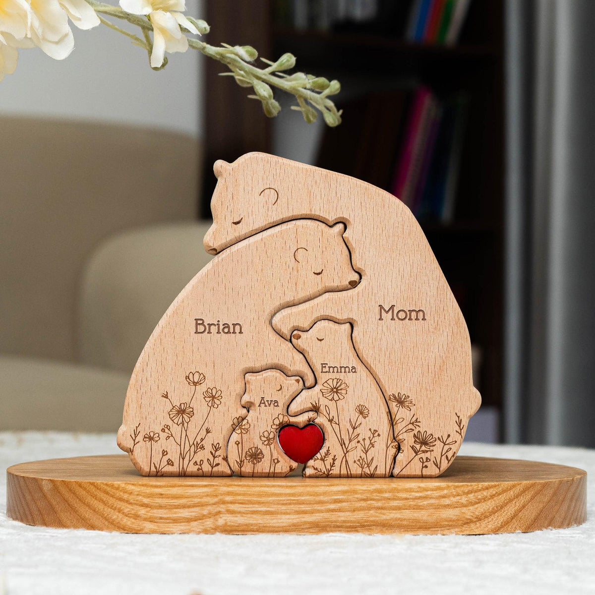 Hugging Bear Family Floral Version - Personalized Wooden Bear Family Puzzle
