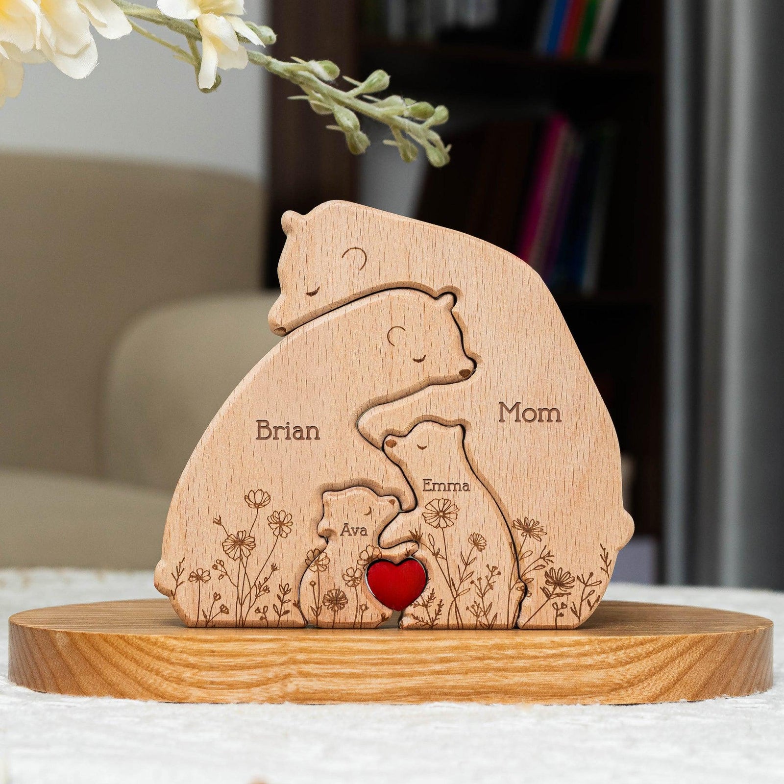 Hugging Bear Family Floral Version - Personalized Wooden Bear Family Puzzle