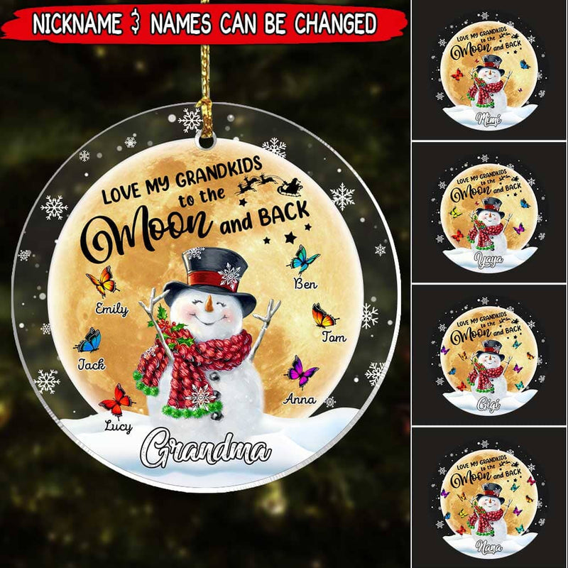 Christmas Happy Snowman Grandma Nana Mimi Butterfly Kids, Love Grandkids To The Moon & Back Personalized Ornament