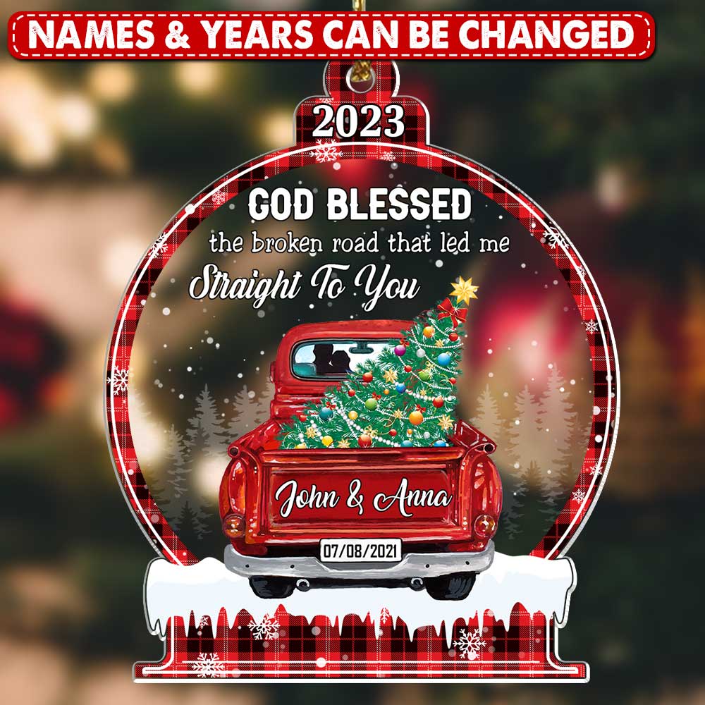 Sparkling Christmas Couple Truck, God Blessed The Broken Road Snowball Ornament