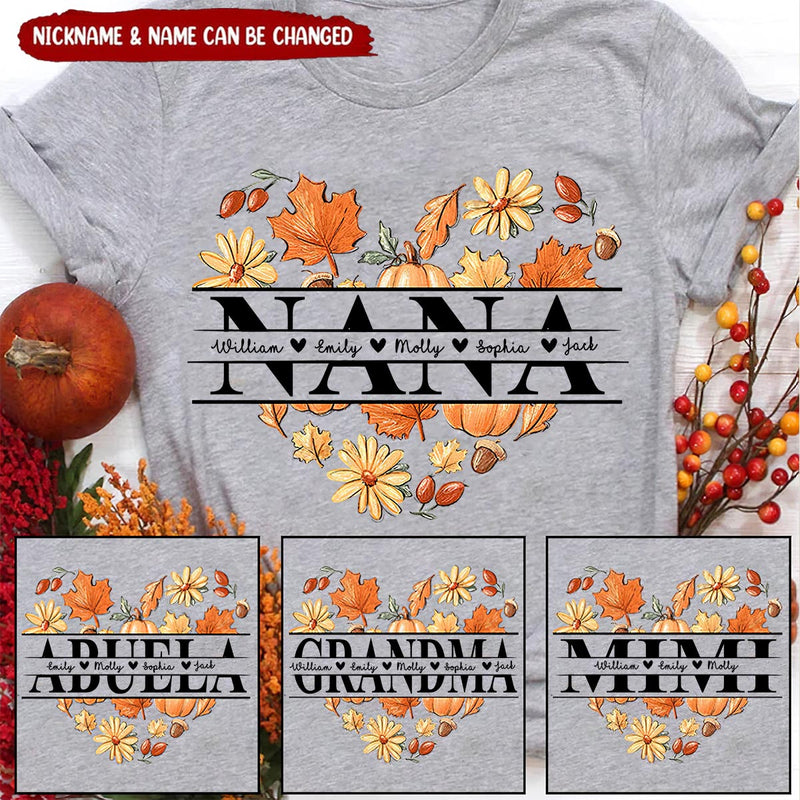 Love Fall Nana With Grandkids' Names Fall Season Personalized T-shirt