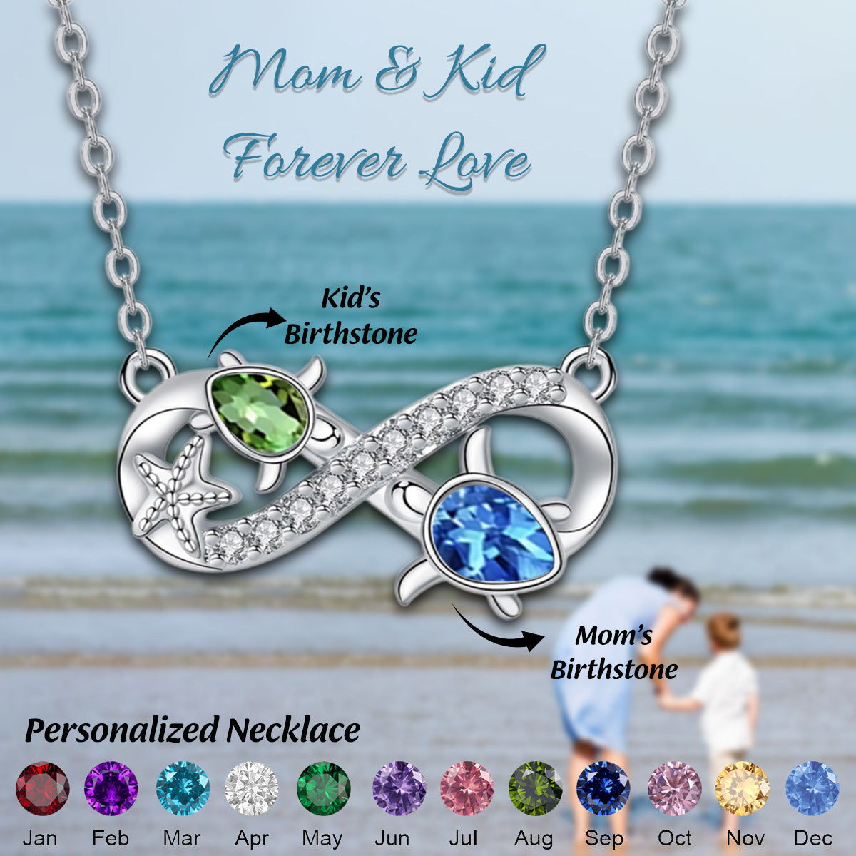 Infinity Love Sea Turtle Mom And Kid Custom Birthstone Personalized Necklace