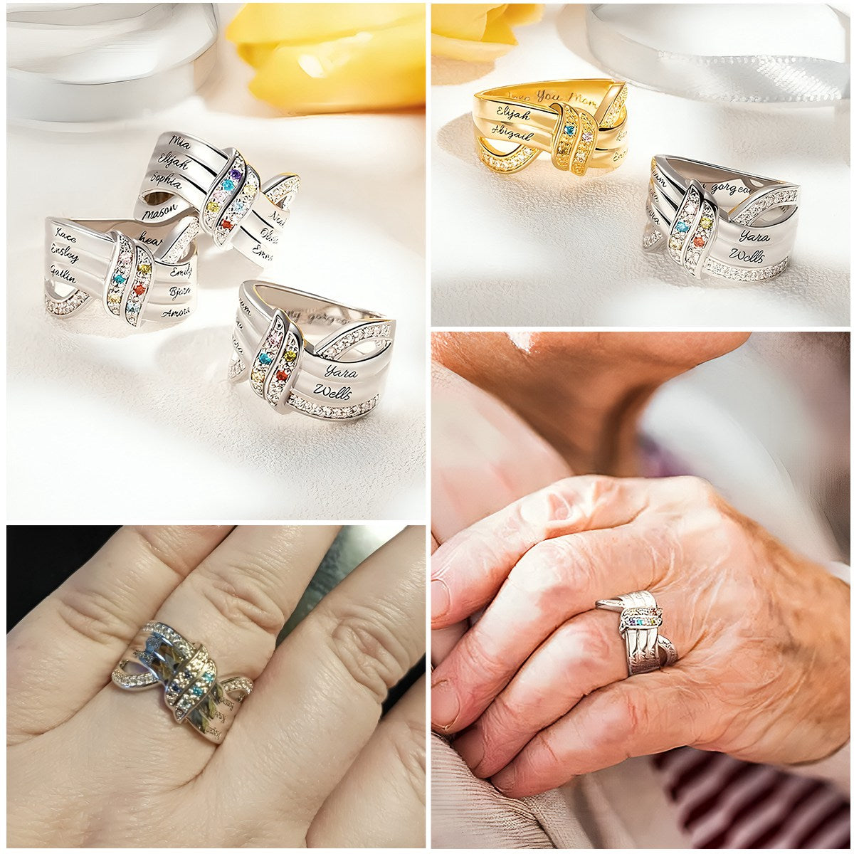 Ribbon Knot With 1-6 Birthstones And Engraved Names Zircon Family Personalized Ring, Gift for Mom Grandma