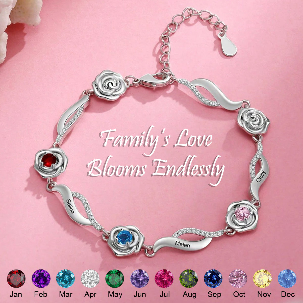 Custom Rose Birthstone Engraved Name Bracelet, Gift For Mom Grandma