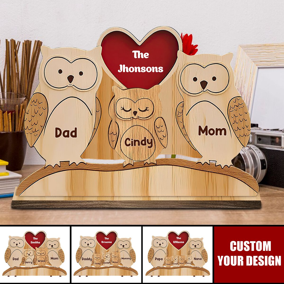 Happy Owl Family - Personalized Wooden Plaque