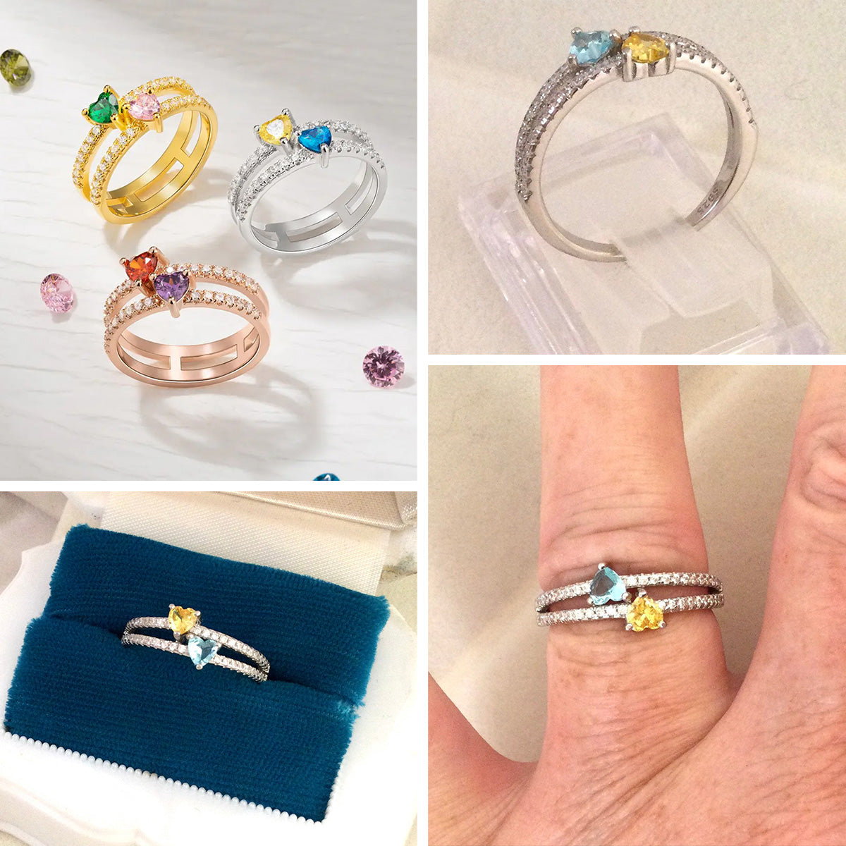 Delicate Double Heart Birthstone Personalized Ring, Gift For Mom Grandma