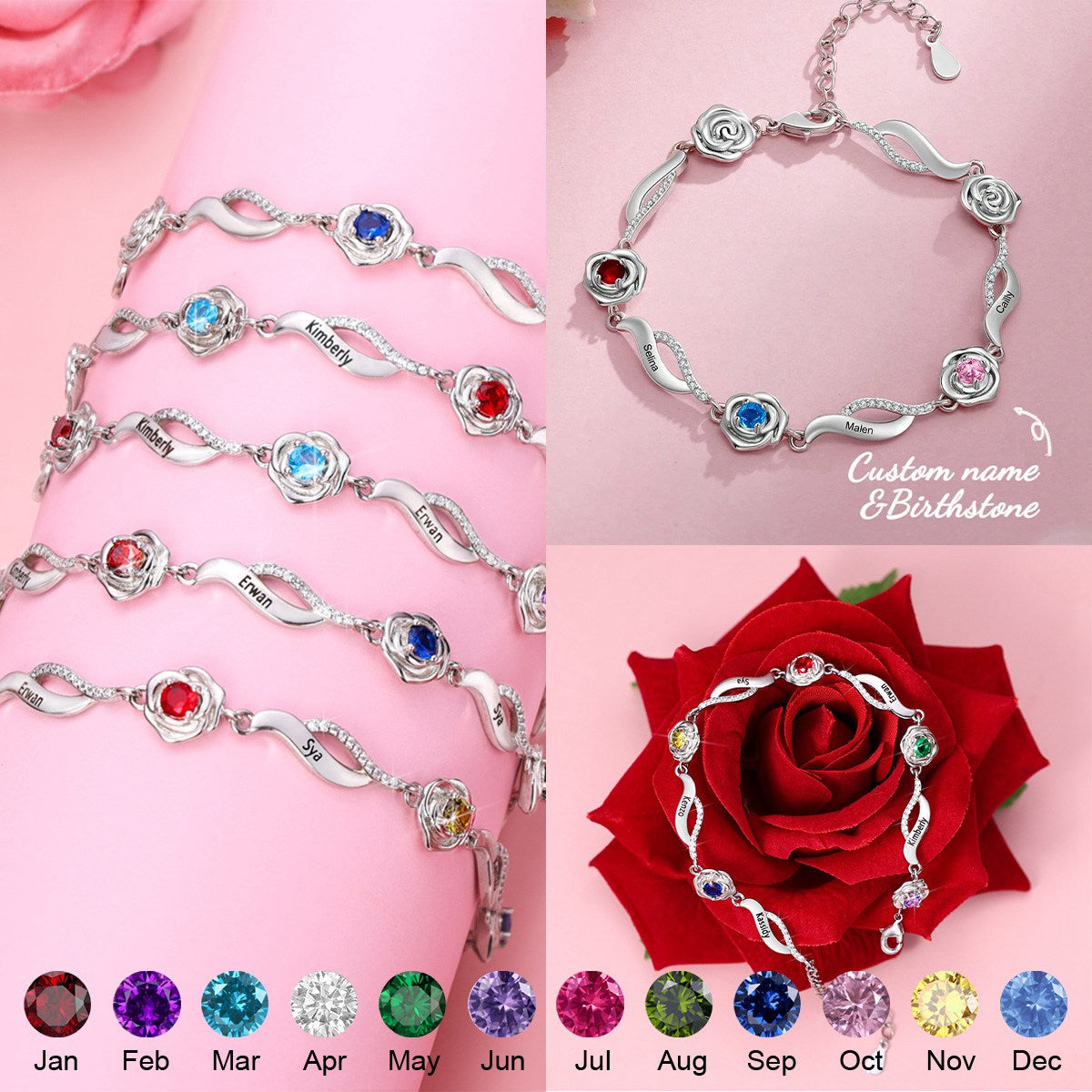 Custom Rose Birthstone Engraved Name Bracelet, Gift For Mom Grandma