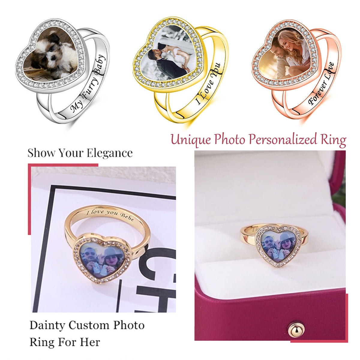 Heart Shaped Custom Photo Engraved Text Personalized Ring, Gift For Family