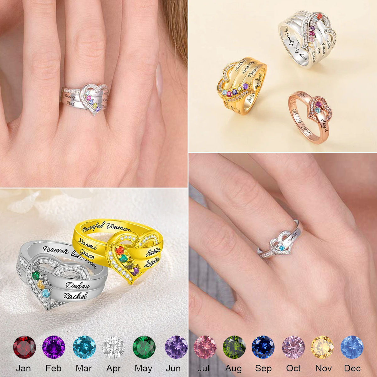 Heart Design Engraved 1-6 Birthstones and Names Personalized Ring, Gift For Mother Grandma