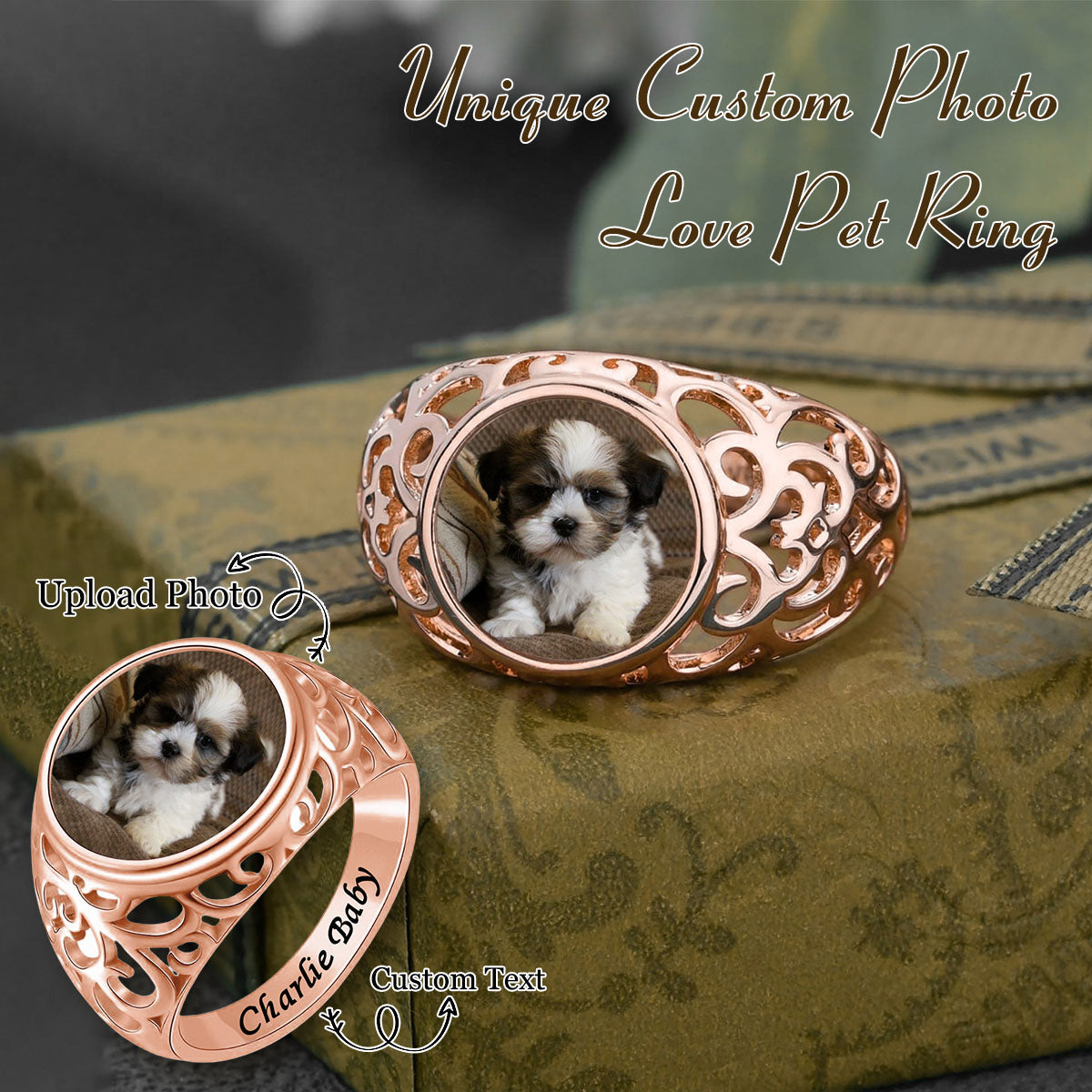 Round Shaped Custom Photo Engraved Text Personalized Ring, Gift For Family