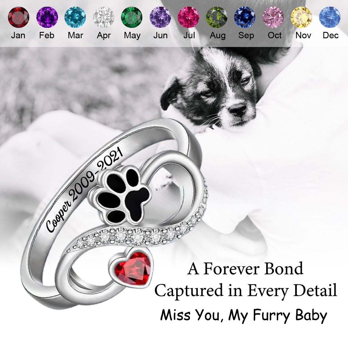 Cat Dog Paw Print Memorial Infinity Love Custom Birthstone Ring