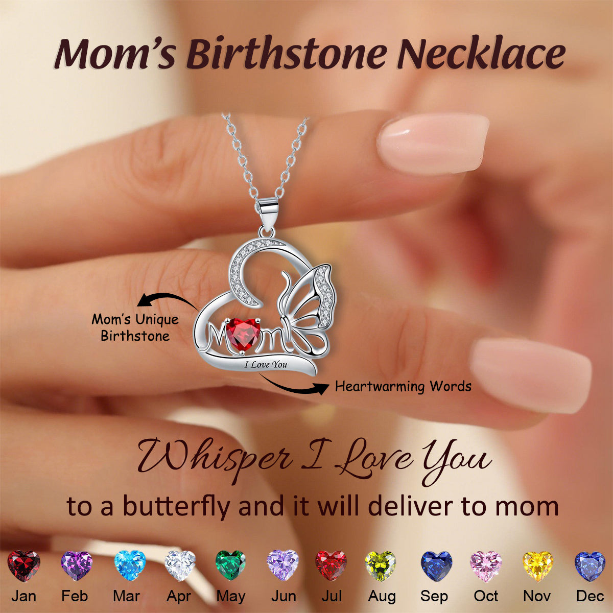 Mom Butterfly Custom Heart Birthstone Engraved Text Personalized Necklace, Mother's Day Gift