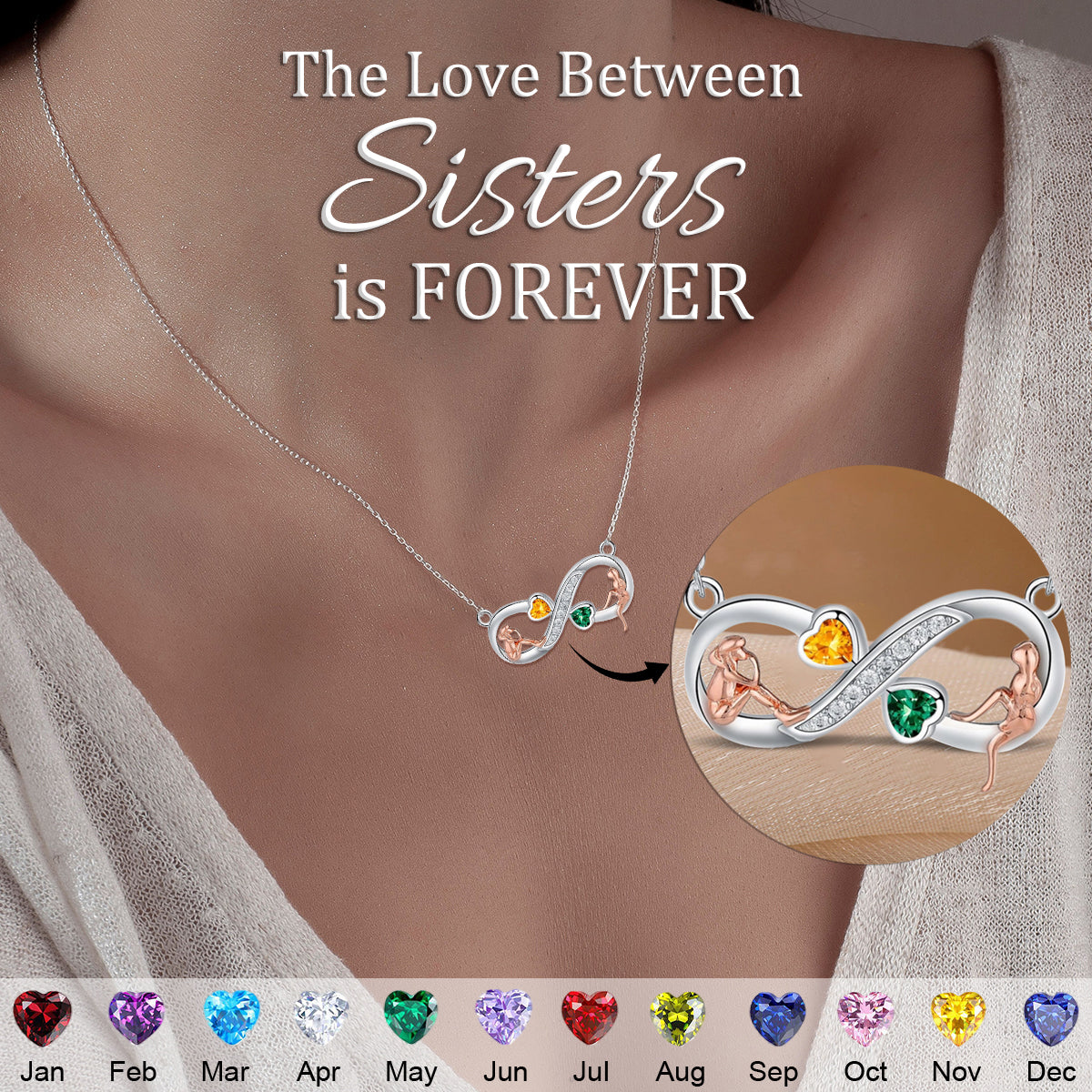 Infinity Love Besties Sisters Custom Birtstone Personalized Necklace