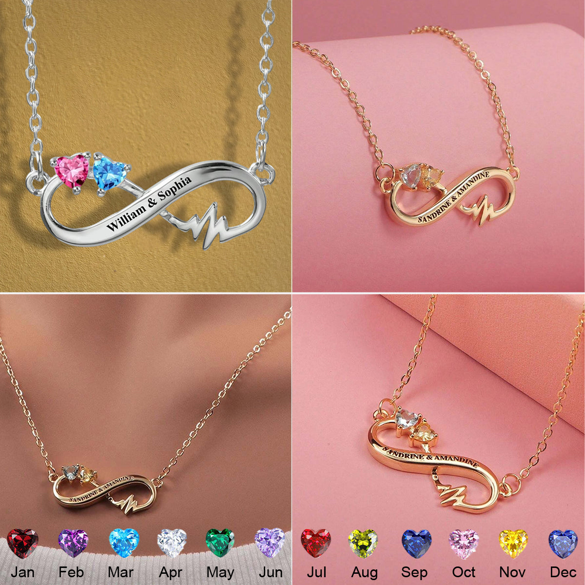 Infinity Love Custom Birthstone Engraved Name Personalized Couple Necklace