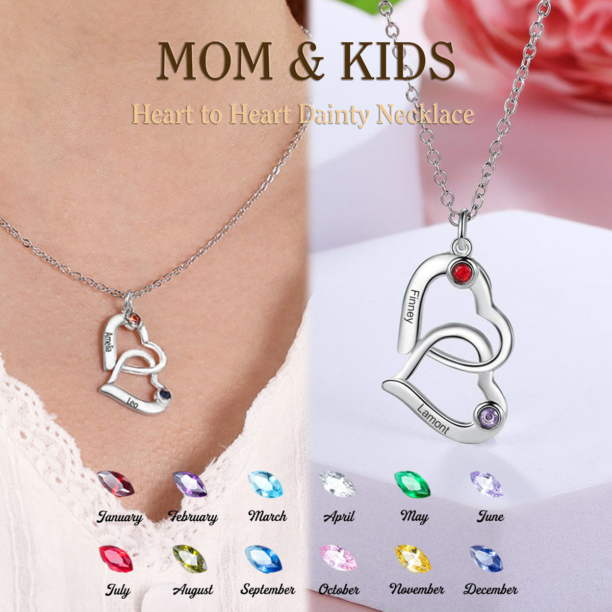 Heart To Heart Custom Birthstone Name Necklace, Gift For Mom Grandma