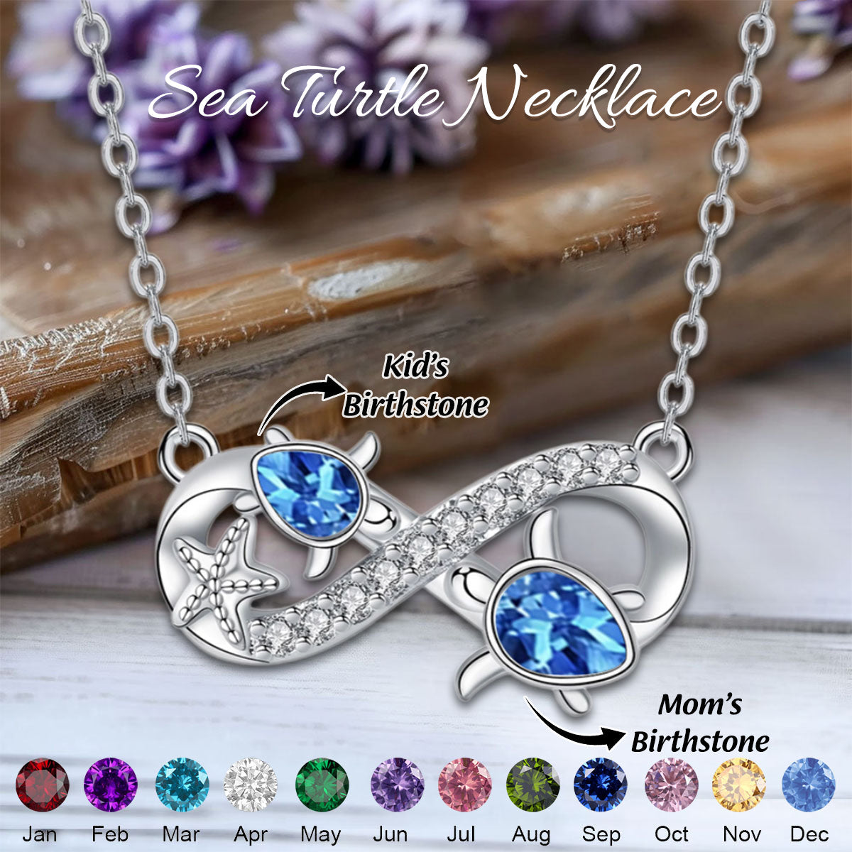 Infinity Love Sea Turtle Mom And Kid Custom Birthstone Personalized Necklace