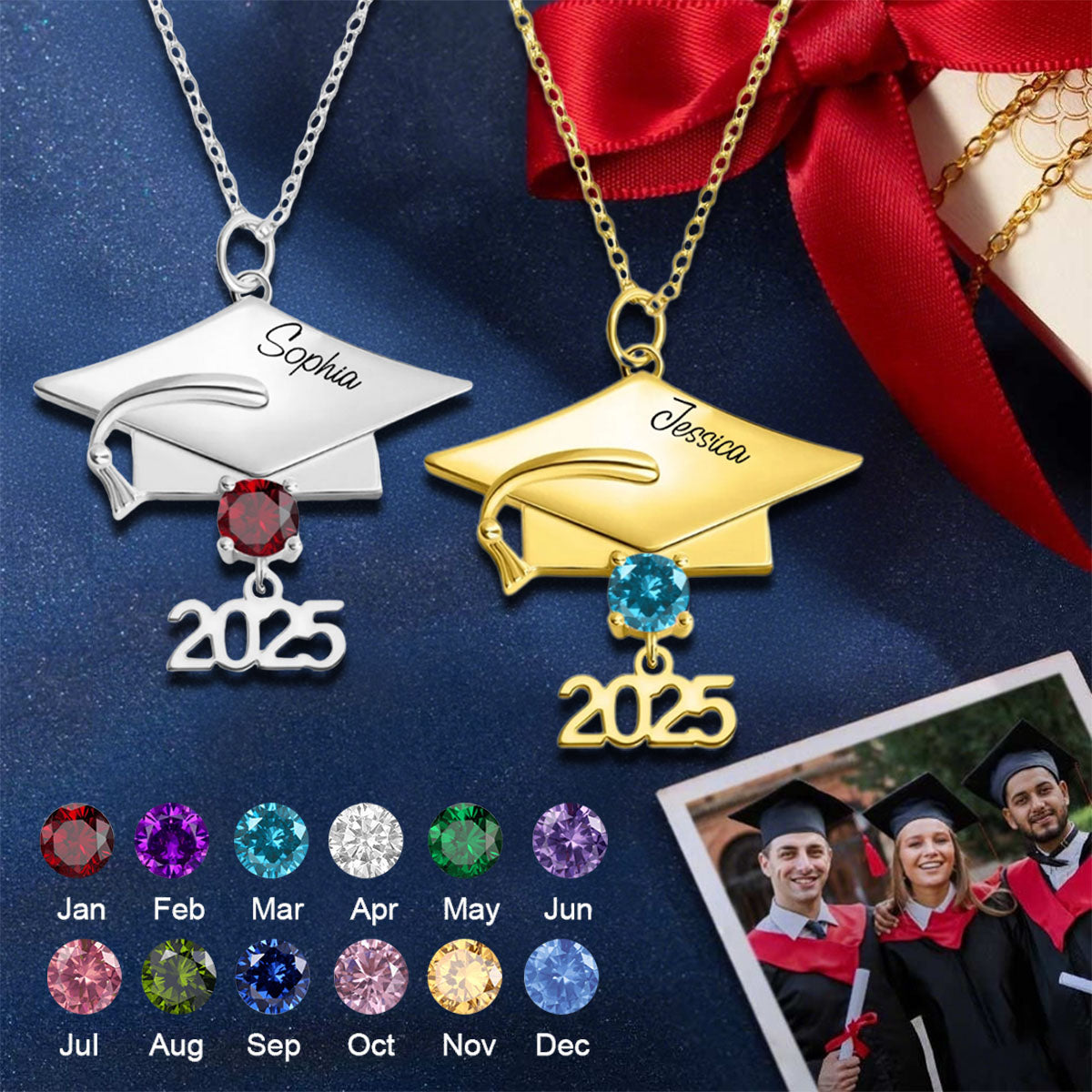 Graduation Cap Year Pendant Custom Birthstone Engraved Name Personalized Necklace