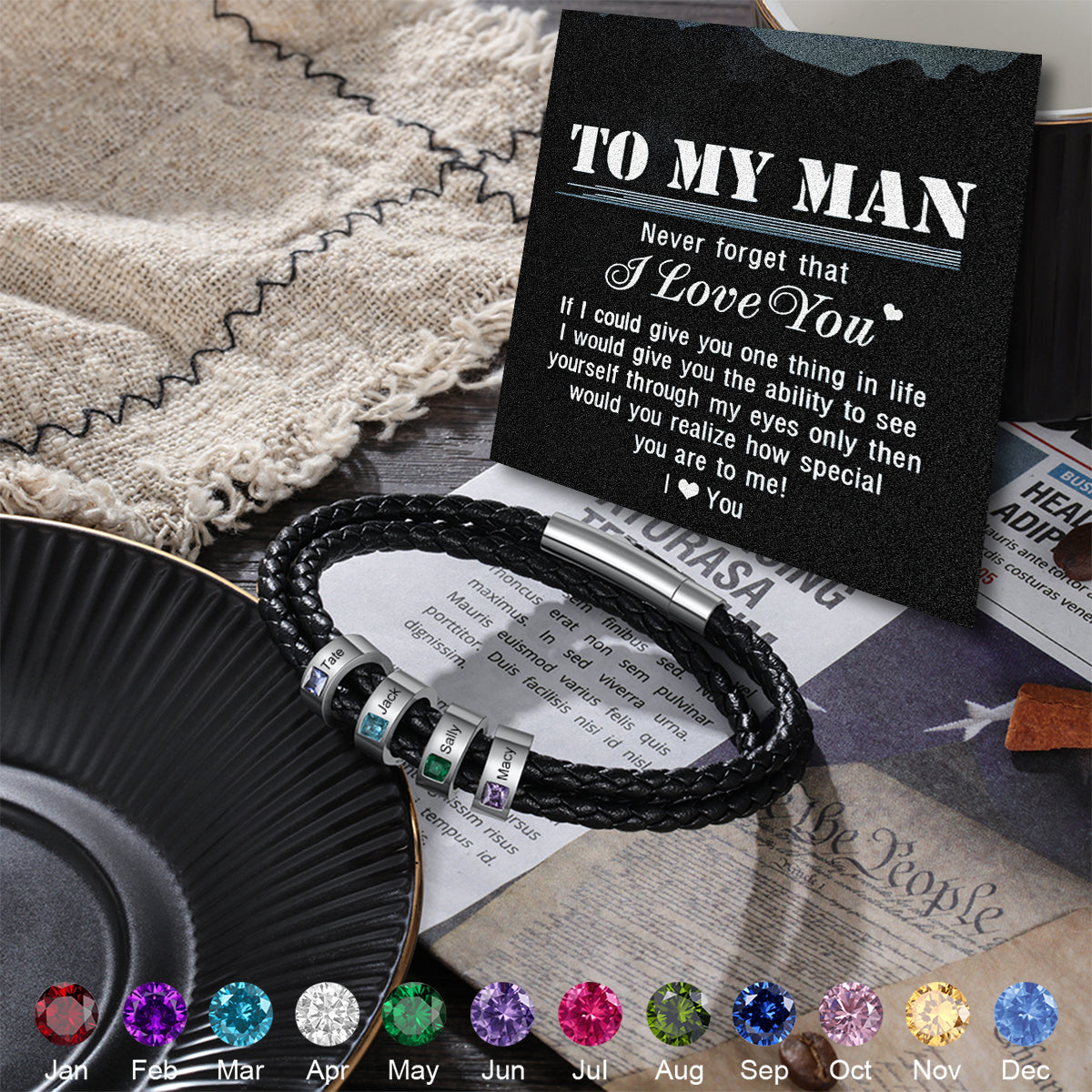 3 Layer Leather Bracelet with 1-8 Beads Engraved Names Personalized Men's Bracelets