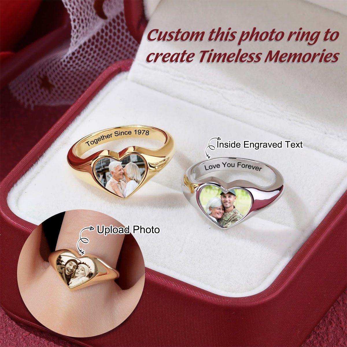 Custom Heart Shaped Photo Engraved Text Personalized Ring, Gift For Couple, Mom/Grandma