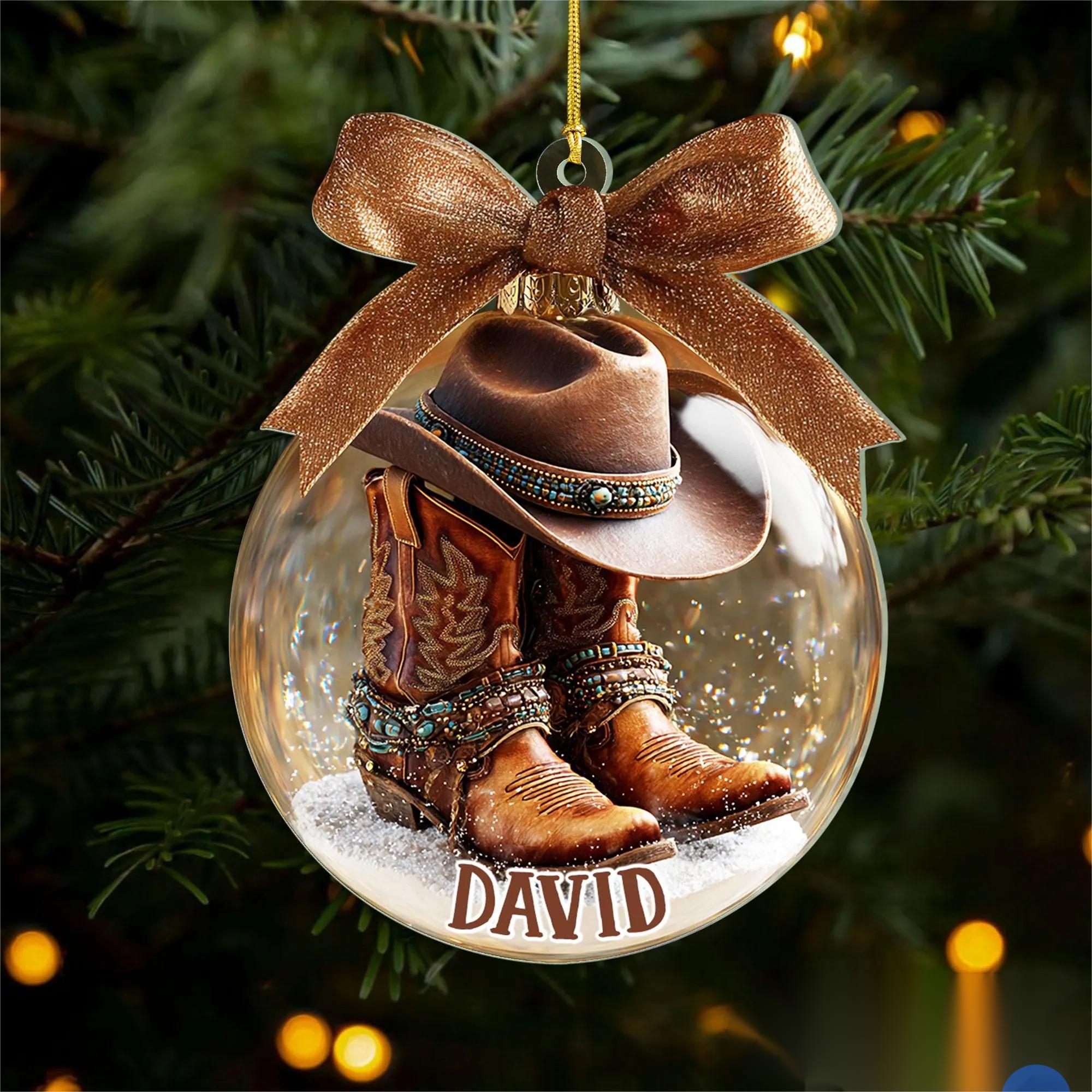 Personalized Cowboy Ornament, Custom Name Western Boots and Hat Ornament