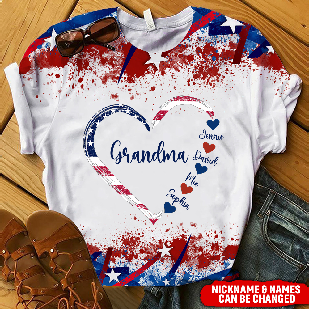 Heart With Kid Name Grandma 4th of July Personalized 3D T-Shirt
