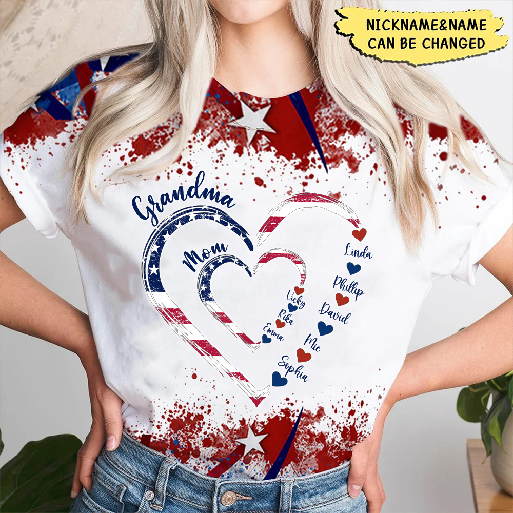 4th Of July Grandma Mom Kids Heart In Heart Personalized 3D T-Shirt