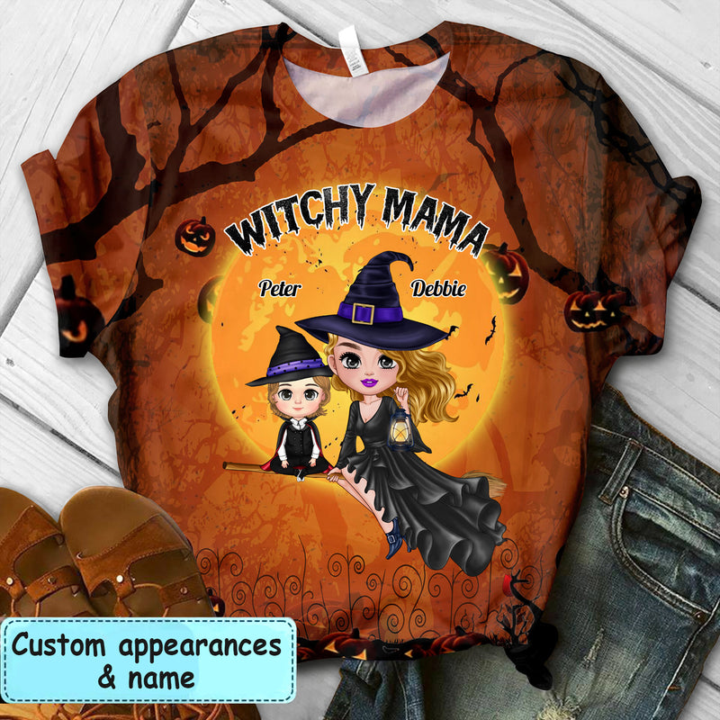 Witchy Grandma With Cool Grandkid Halloween Vibe Personalized 3D T-shirt