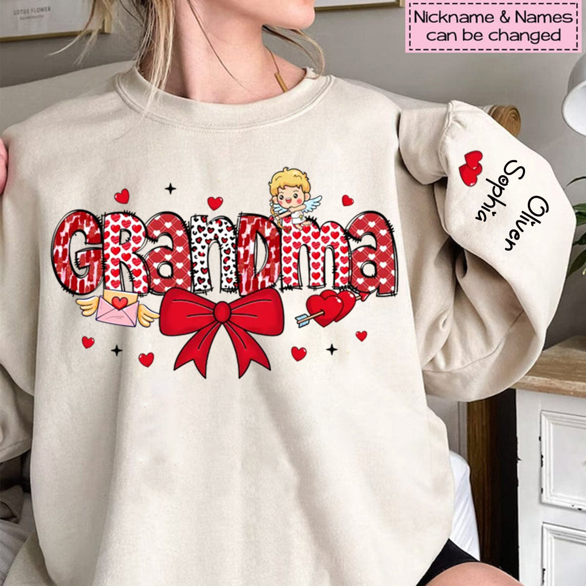 Grandma Valentine Personalized Sleeve Printed Sweatshirt, Valentine's Day Gift For Grandma