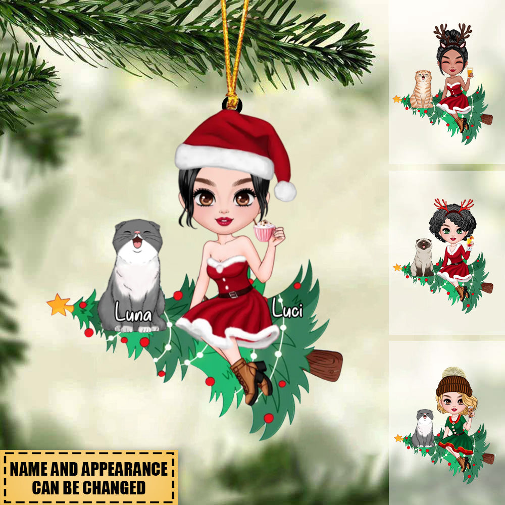 Santa Girl Sitting With Cute Cat Kitten Pet On Christmas Tree Personalized Acrylic Ornament