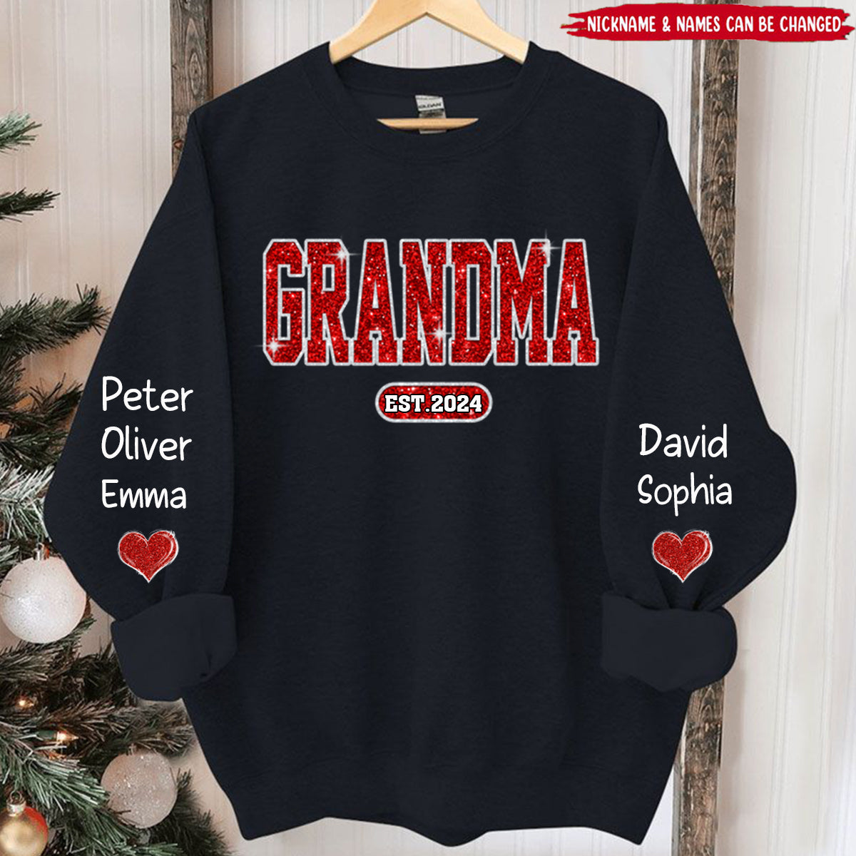 Red Glitter Mimi Mom Est Year Custom Kid Name On Sleeve Personalized Sweatshirt